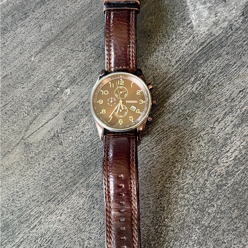 Fossil Dark Brown Leather Watch With Silver Case
